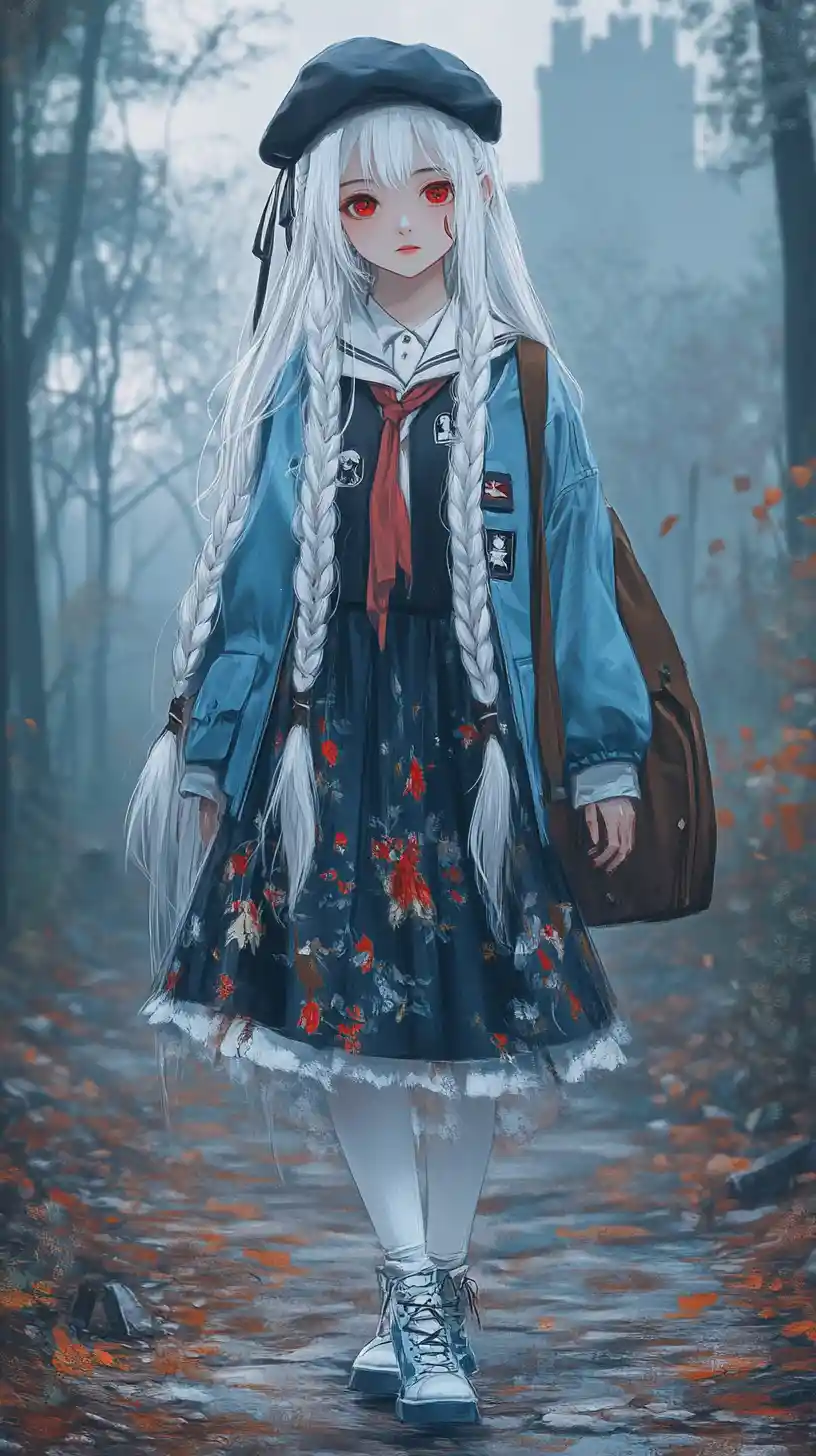 Gloomy anime girl in a foggy forest path