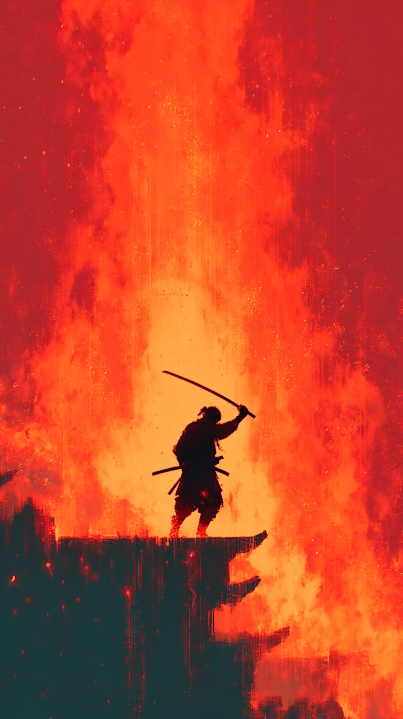 Lone samurai on a burning castle roof with golden katana