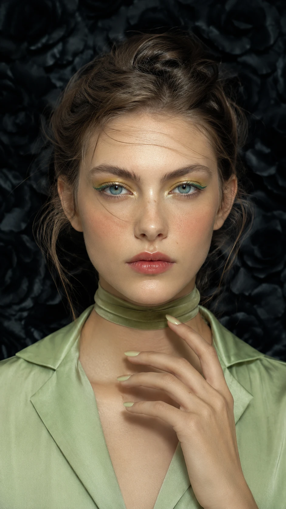 Close up woman in green styling with floral dark background
