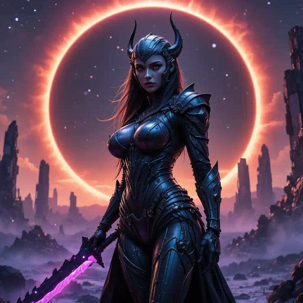 Dark paladin woman with violet sword on alien battlefield