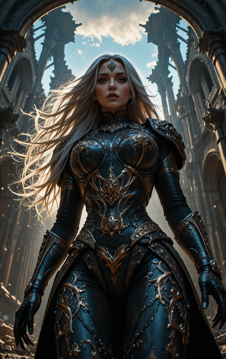 Dark armored warrior woman before ruined gothic cathedral