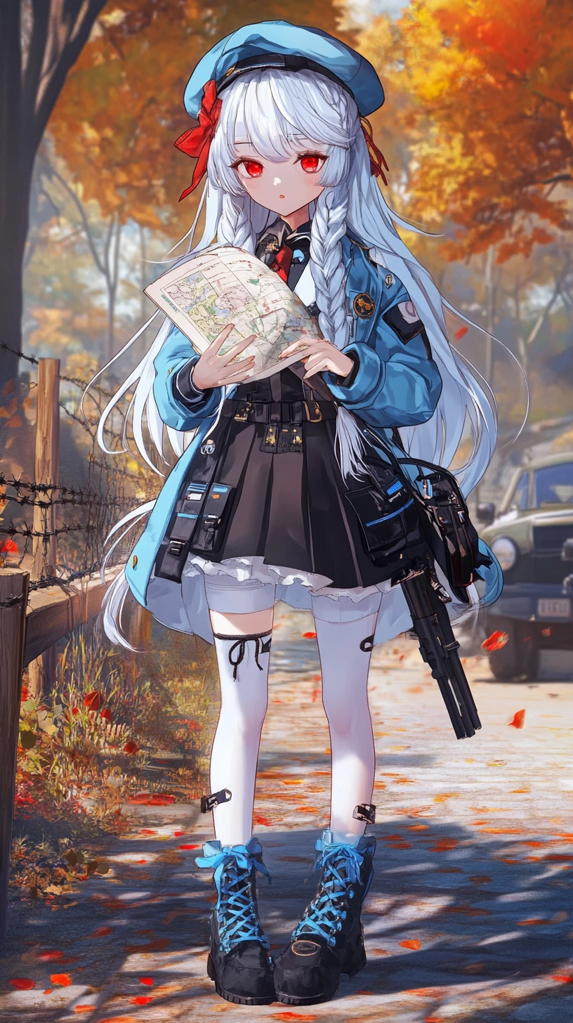 Anime girl with forest map near an autumn mountain hut