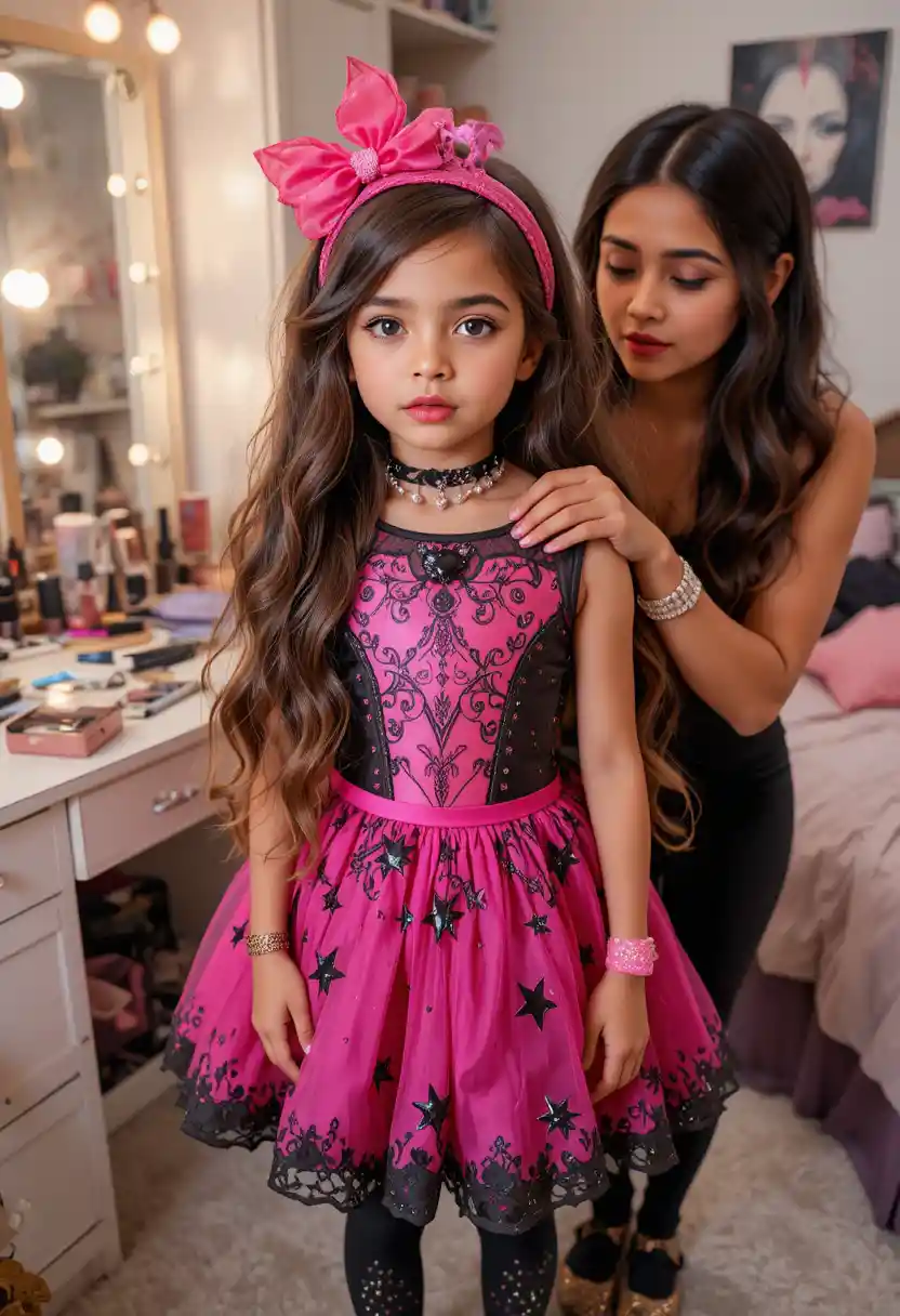 Nervous young boy in pink dress getting ready with sister