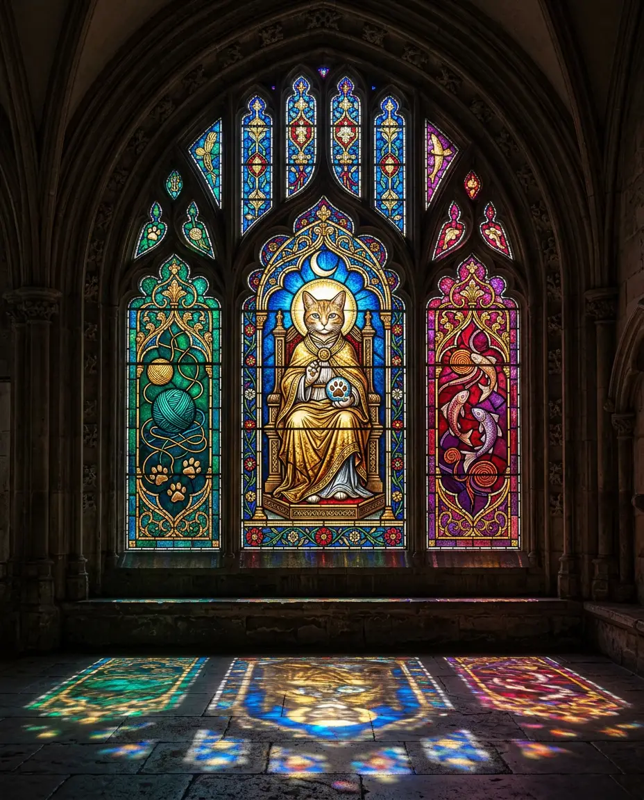 Gothic cathedral window with a saintly cat in stained glass
