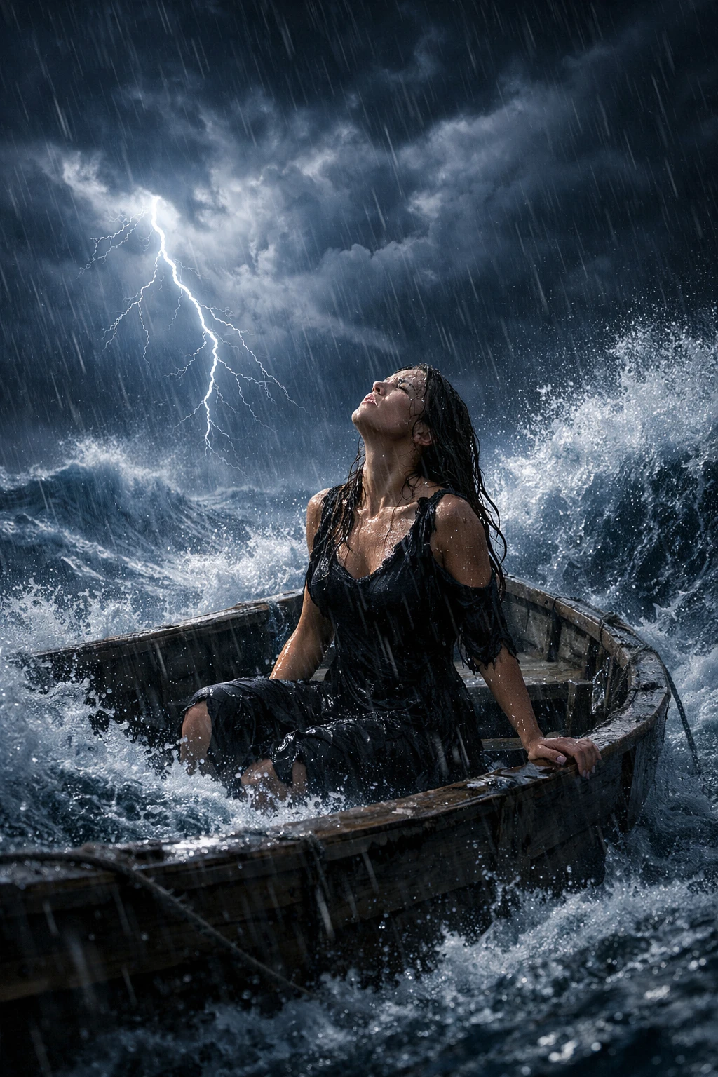 Woman alone in a small boat on a stormy ocean night