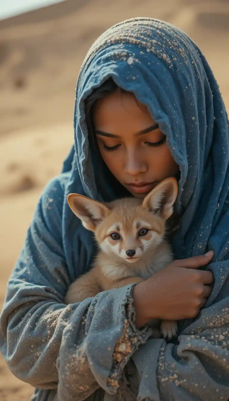 Ethereal Berber woman holding a fennec fox in desert wind