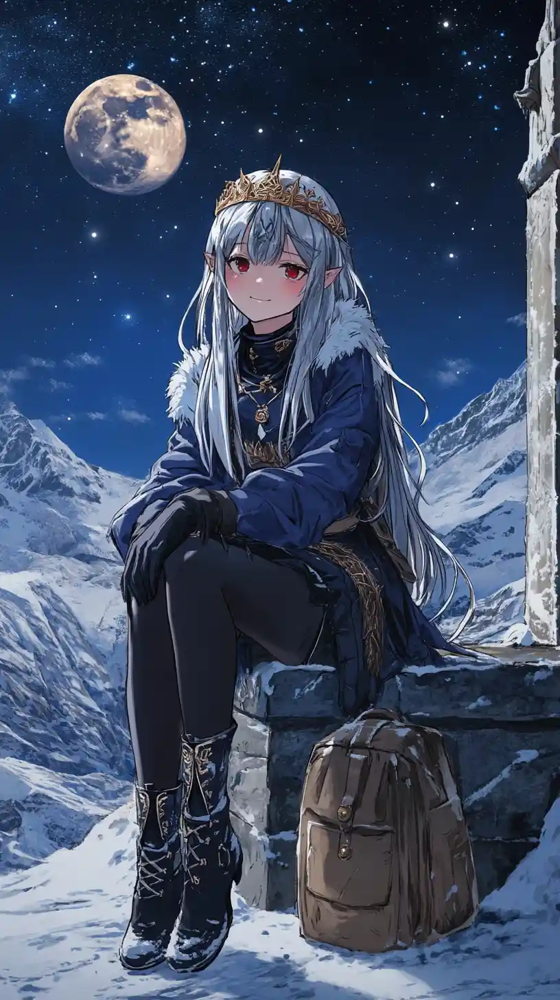 Anime girl on a giant hand before an icy palace