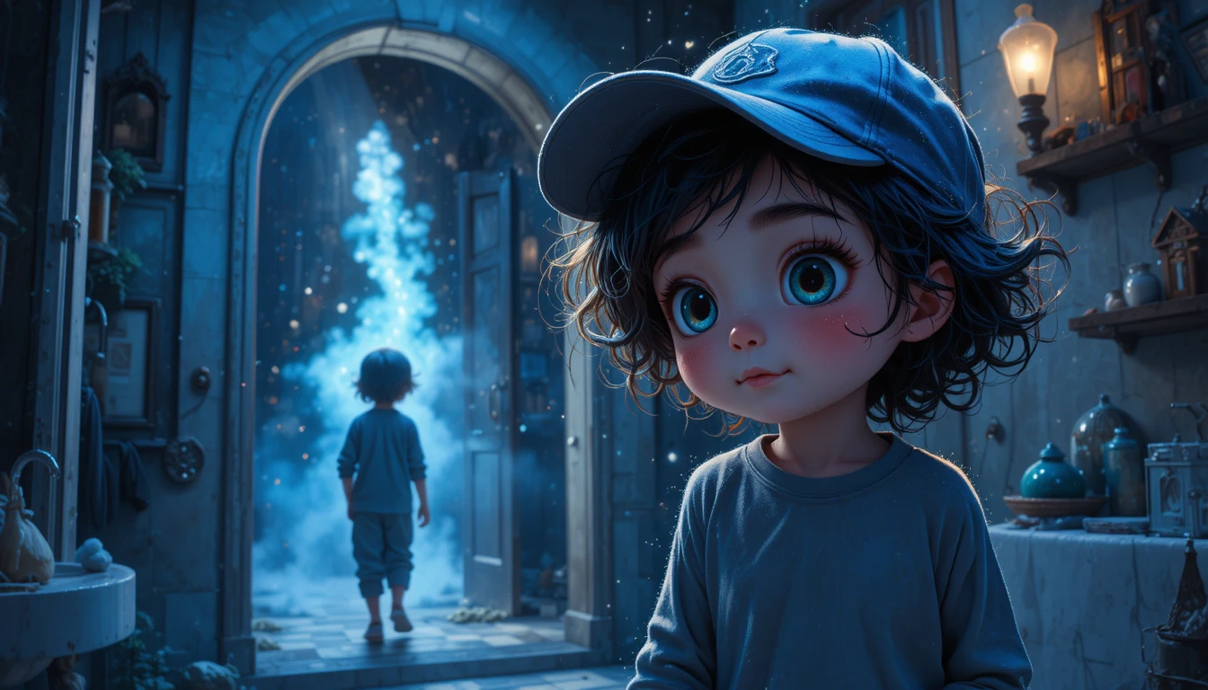 Child before a magical starry door in dark bathroom
