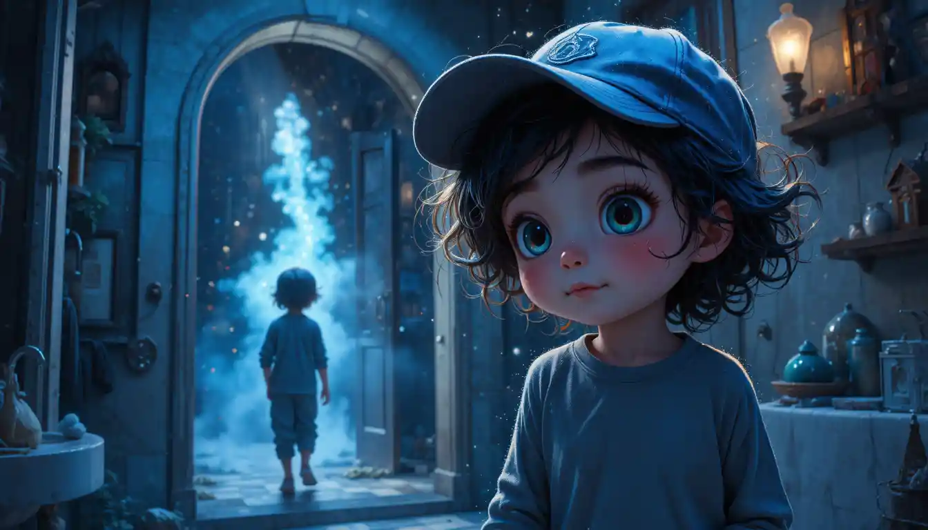 Child before a magical starry door in dark bathroom