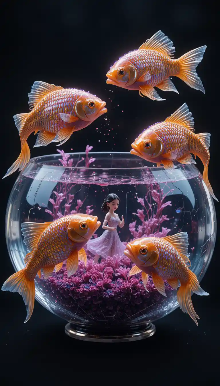 Gold fish orbiting a broken aquarium in dark space