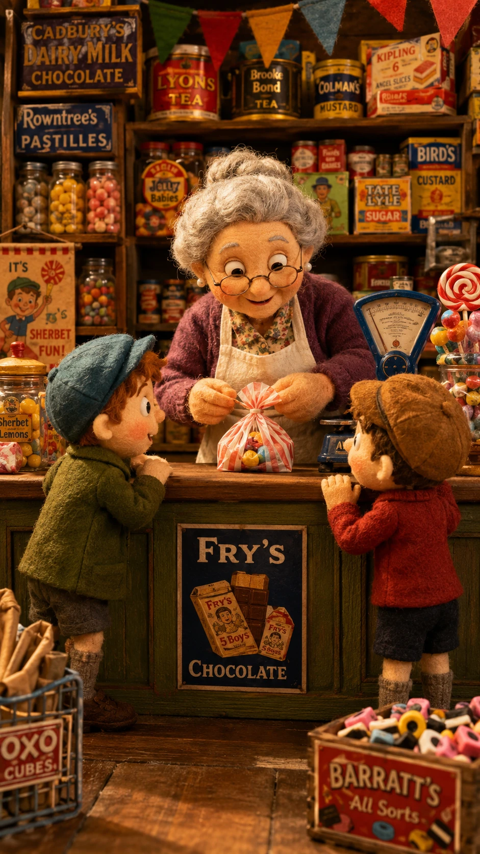 Elderly shopkeeper wrapping sweets for two excited boys