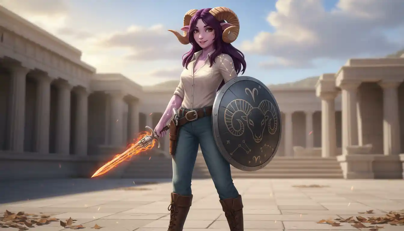 Purple fur sheep warrior woman with sword and shield