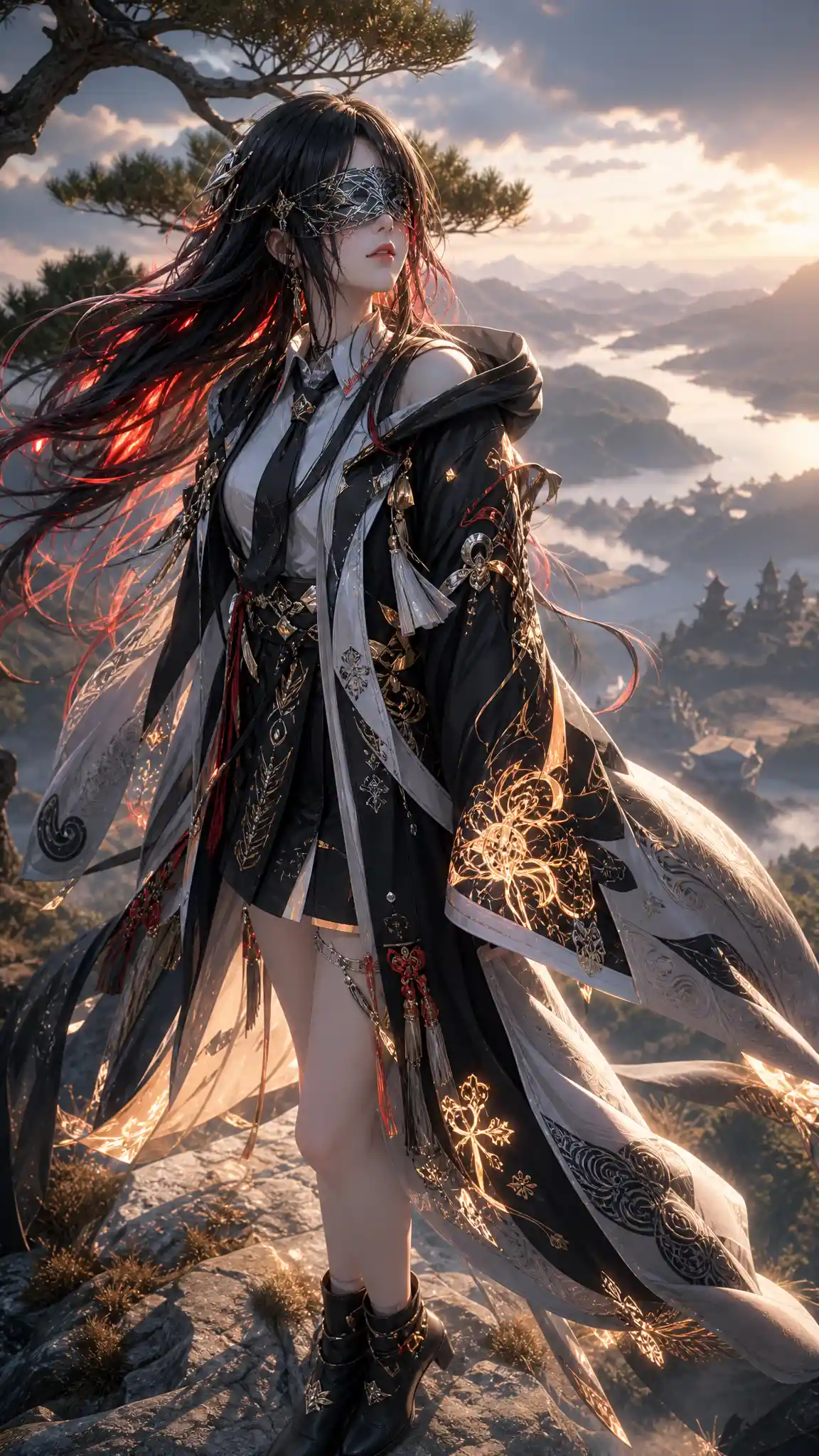 Blindfolded anime girl in glowing kimono on a cliff