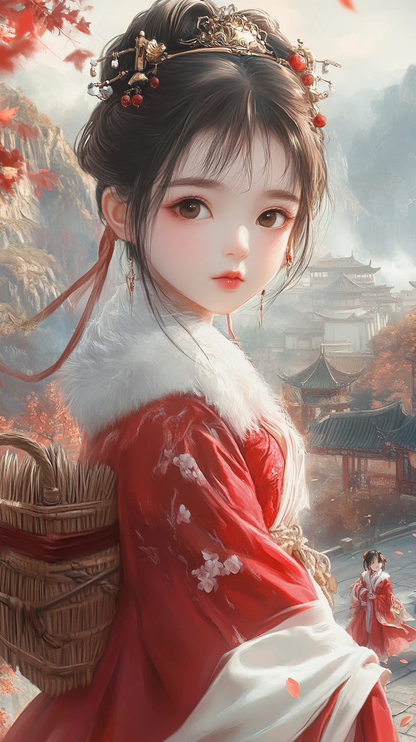 Joven chica con hanfu en un pueblo de montaña fantástico entre la niebla
