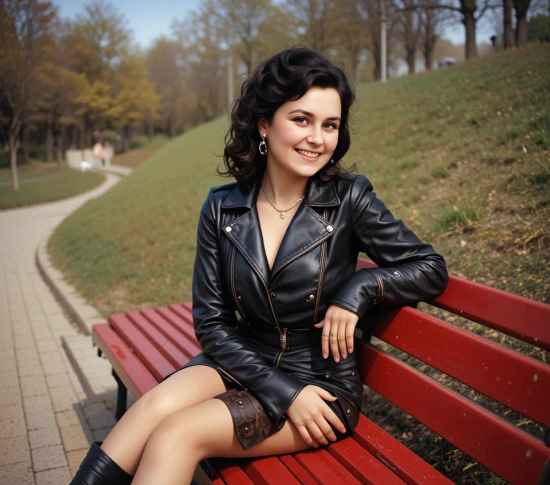Young woman in leather jacket on a red park bench
