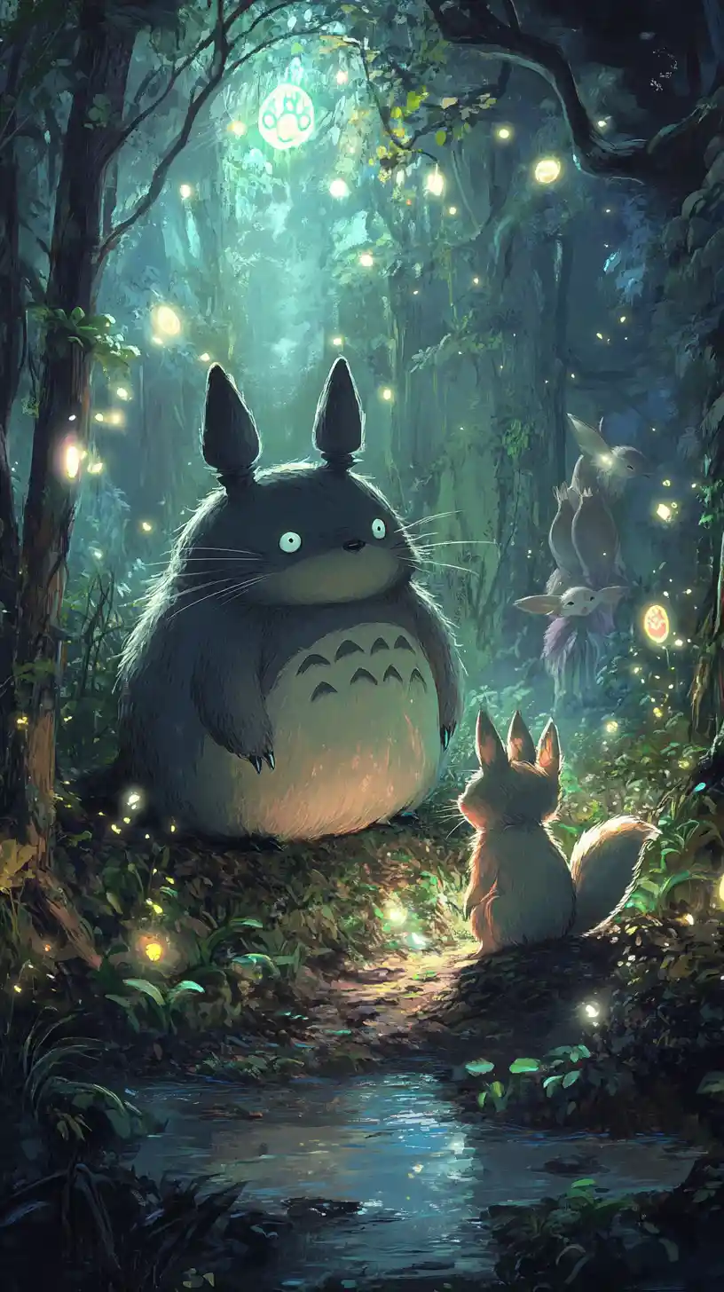 Totoro and young wolf resting in a glowing forest