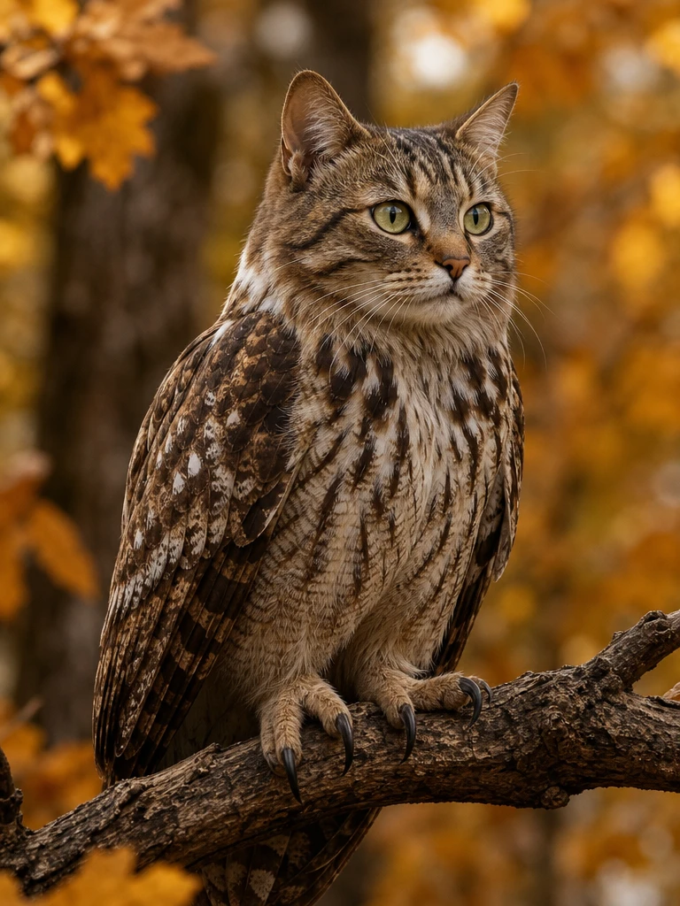 Hybrid cat headed owl perched in autumn forest light