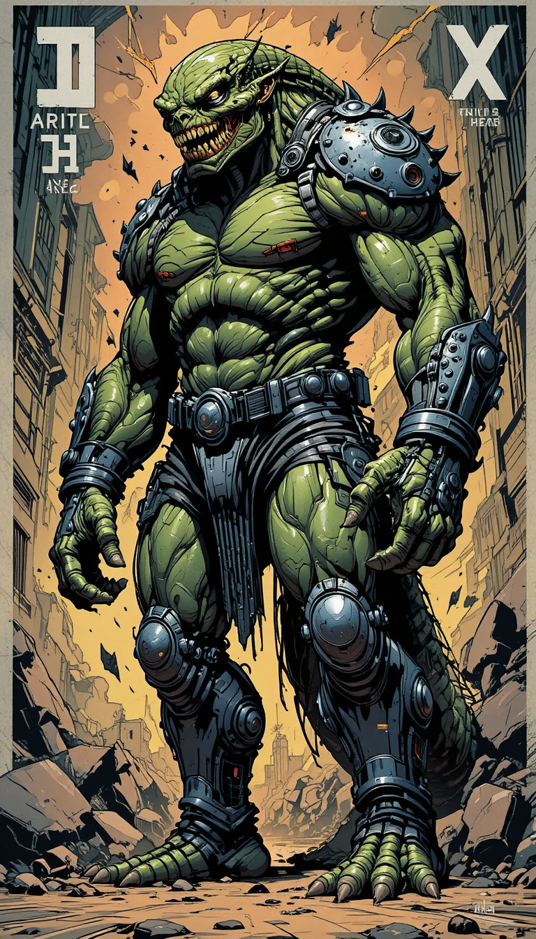 Towering cybernetic enforcer alien with glowing eye and armor