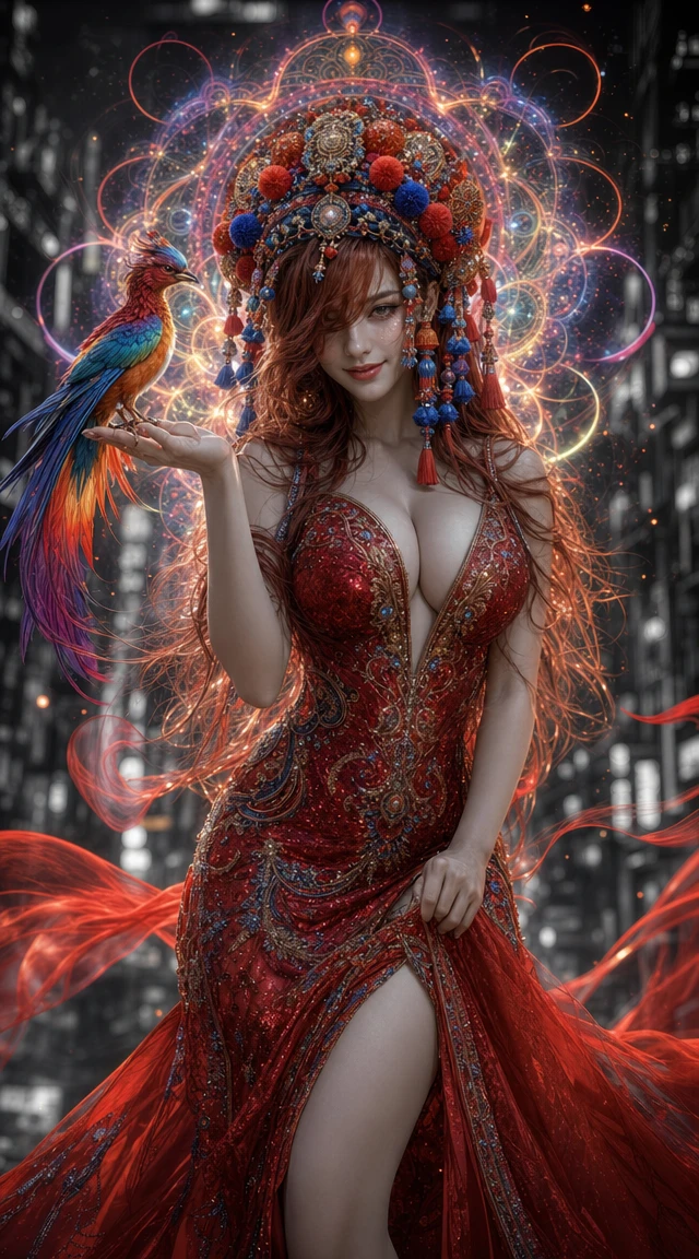 Ethereal woman in jeweled headpiece with rainbow bird