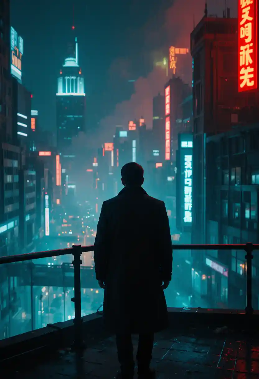 Detective On Neon Rooftop Overlooking Rainy Futuristic City