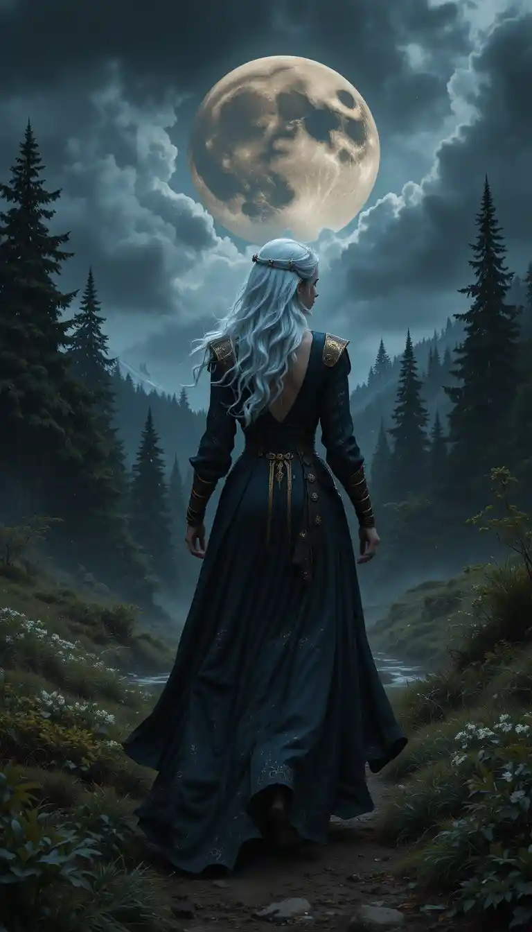White haired woman walking through a stormy moonlit forest