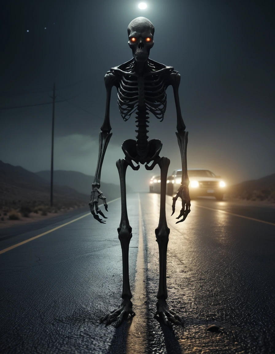 Humanoid creature on lonely desert highway at midnight