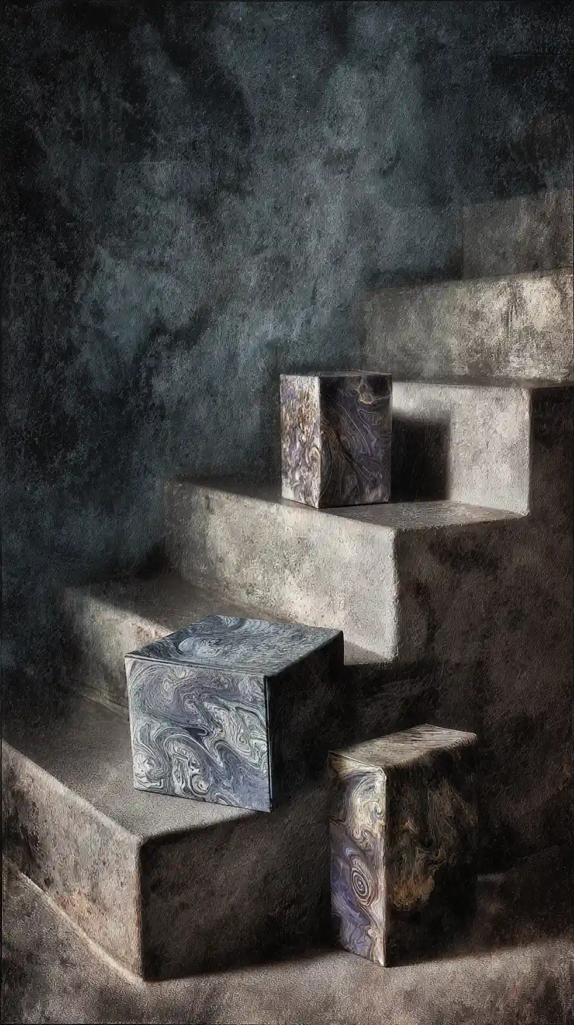 Square packages stacked like steps underfoot