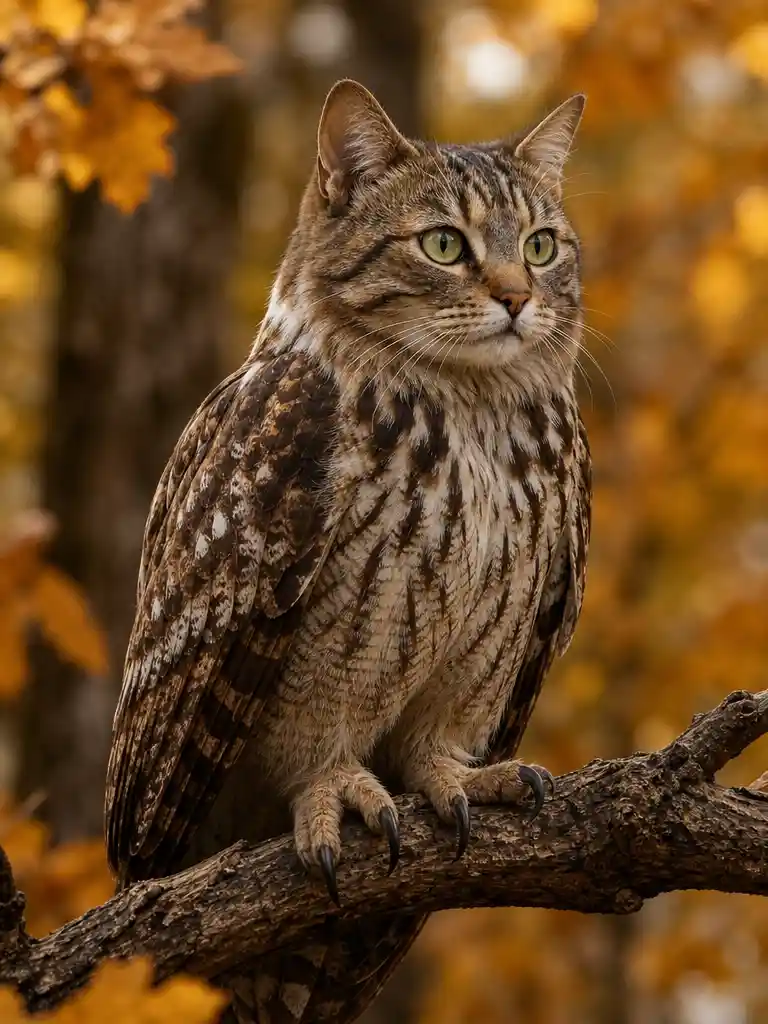 Hybrid cat headed owl perched in autumn forest light