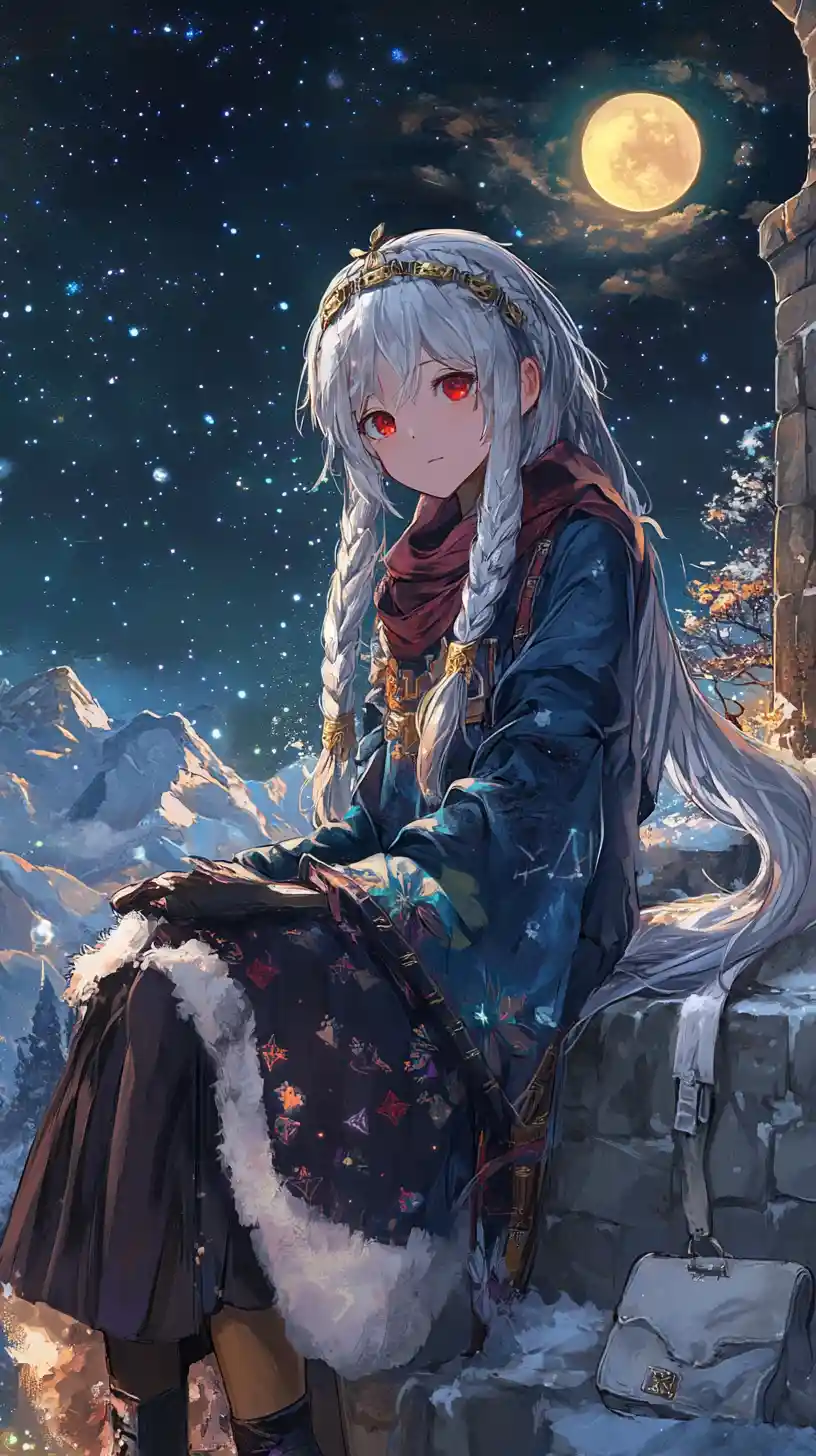 Anime girl on a giant hand in a snowy fantasy palace