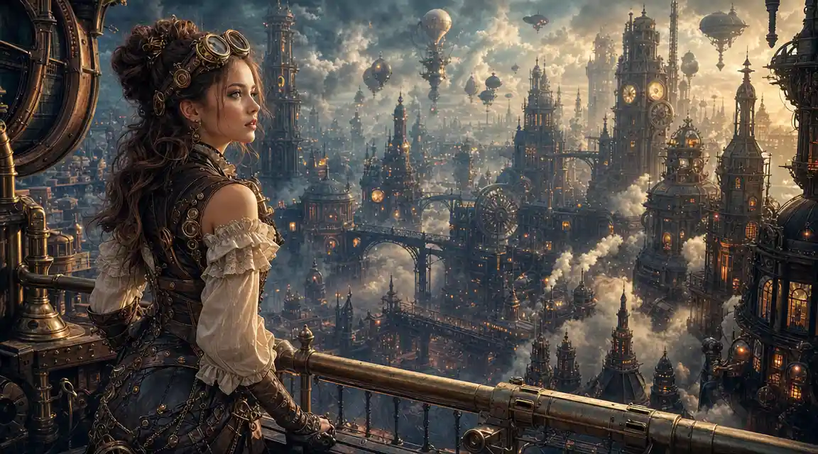 Steampunk woman on airship above surreal mechanical city