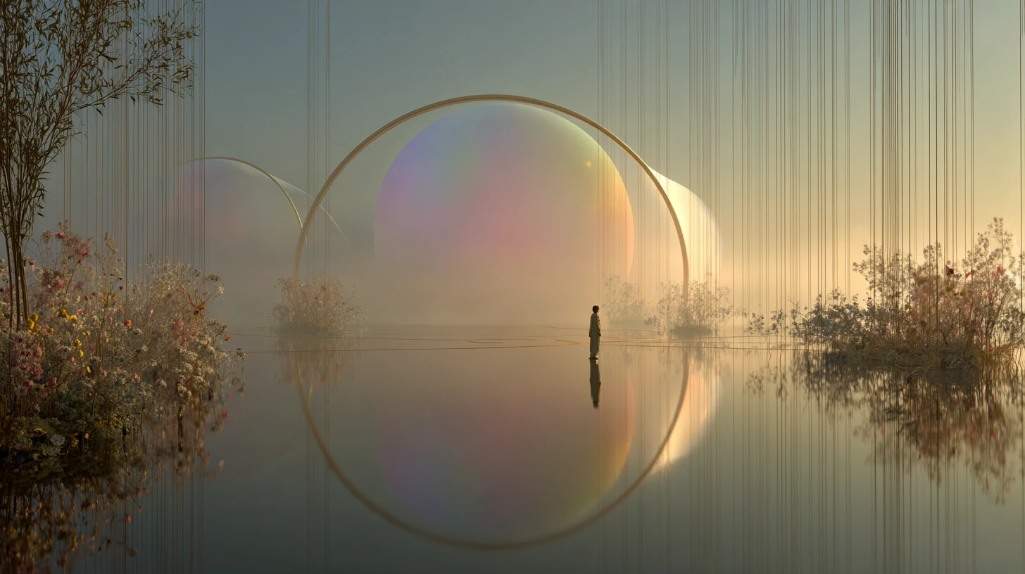 Esfera de globo surreal eclipsando el sol sobre el agua