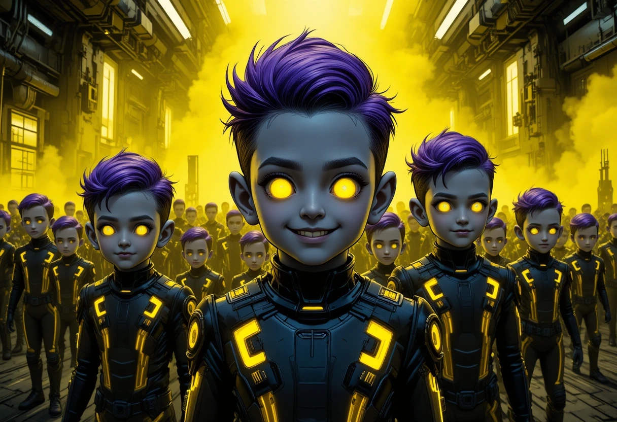 Futuristic toddlers in a neon sci fi facility interior