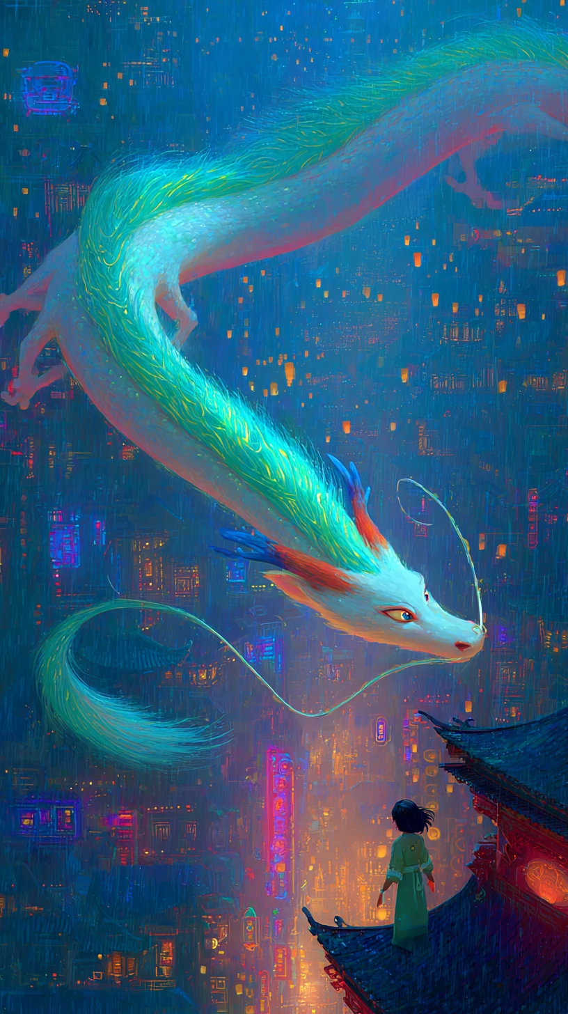 Dragón Elevándose Sobre Ciudad Ciberpunk de Neón al Atardecer