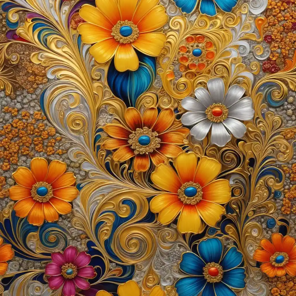 Vibrant Abstract Floral Painting With Gold And Silver Accents