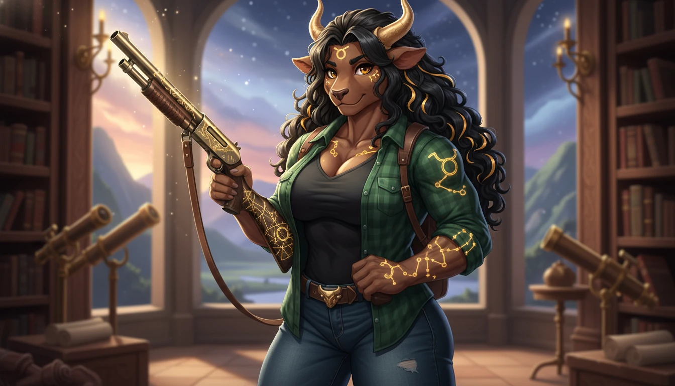 Strong taurus anthro woman with curly hair and jeans