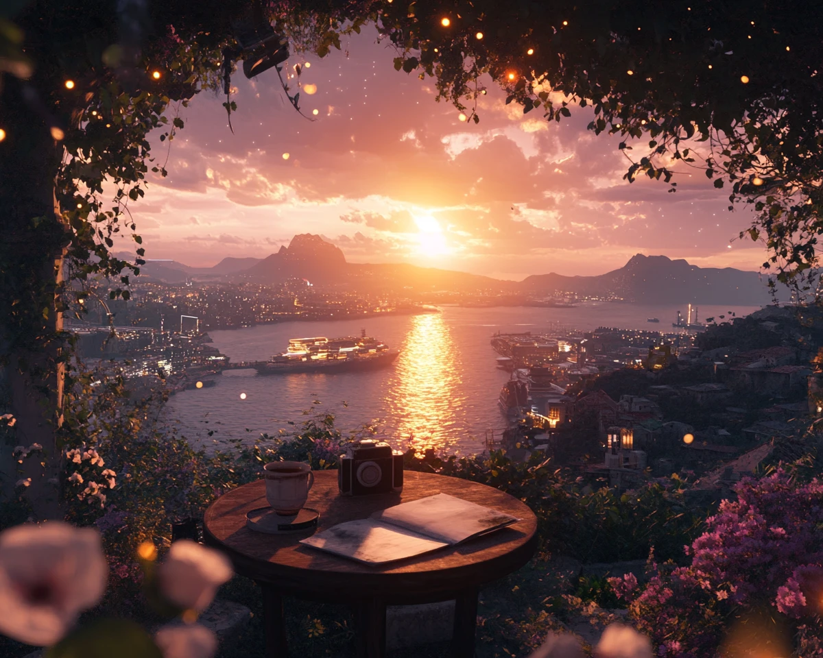 Cozy terrace table overlooking a coastal village at sunset