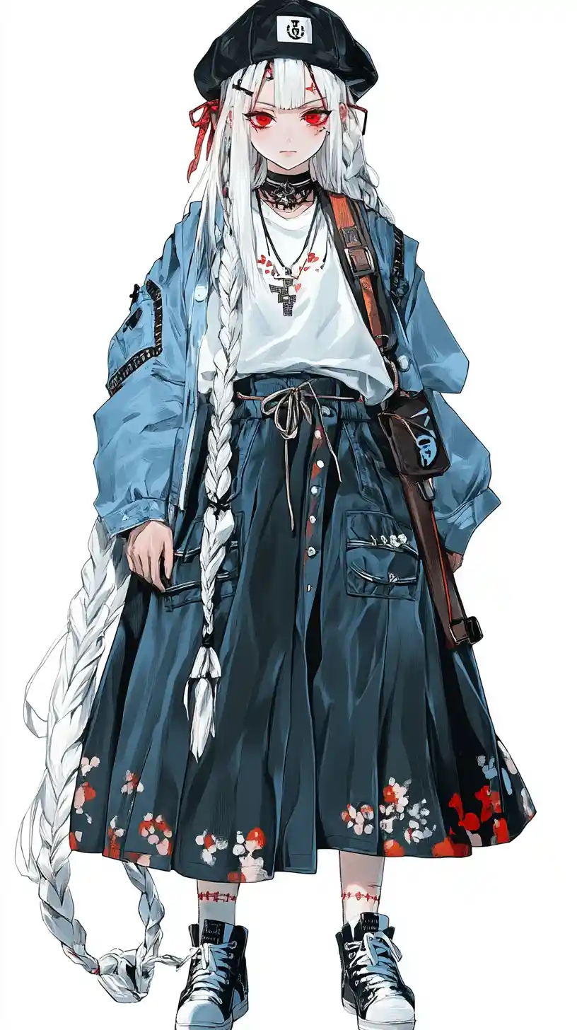 Anime girl with long white hair in layered autumn outfit