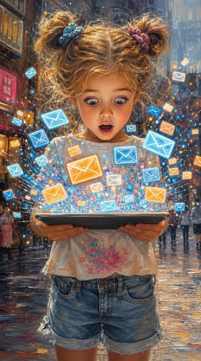 Cute blond girl on city street with glowing email icons