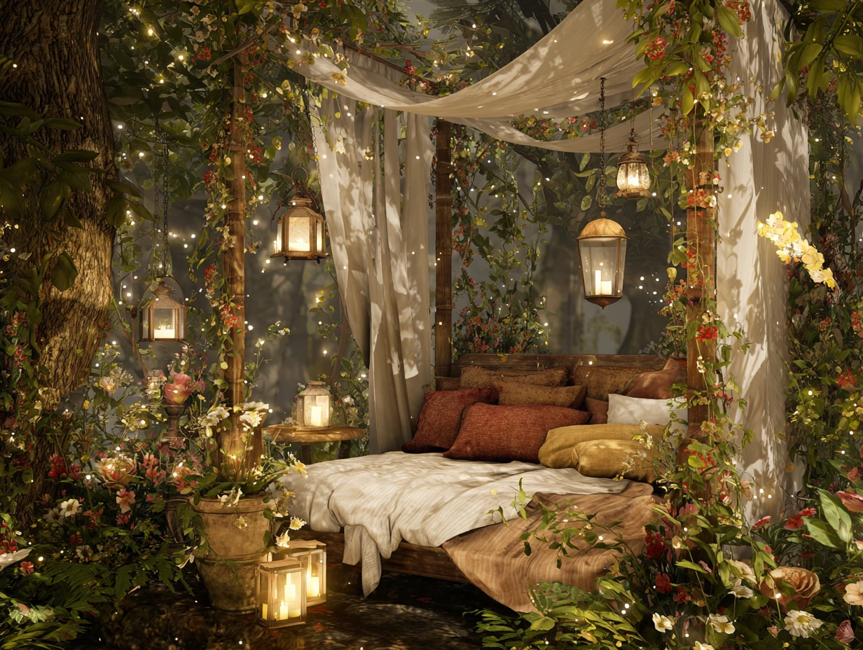 Romantic bed sanctuary in a moonlit fantasy forest