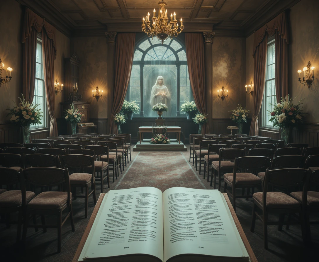Empty funeral parlor with rows of chairs and casket stand