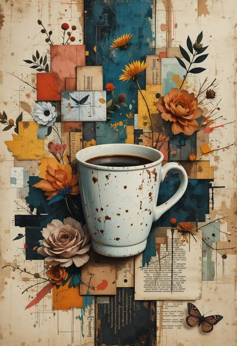 Surreal Mixed Media Coffee Cup Collage With Textured Layers