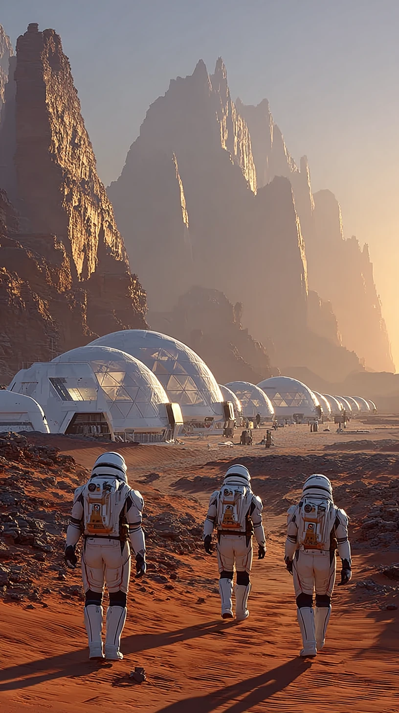 Astronauts Approach Futuristic Mars Settlement At Sunrise