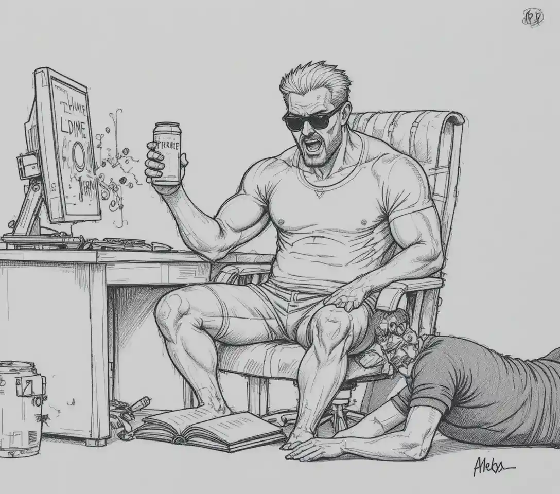 Muscular man in comic office scene with tense gesture