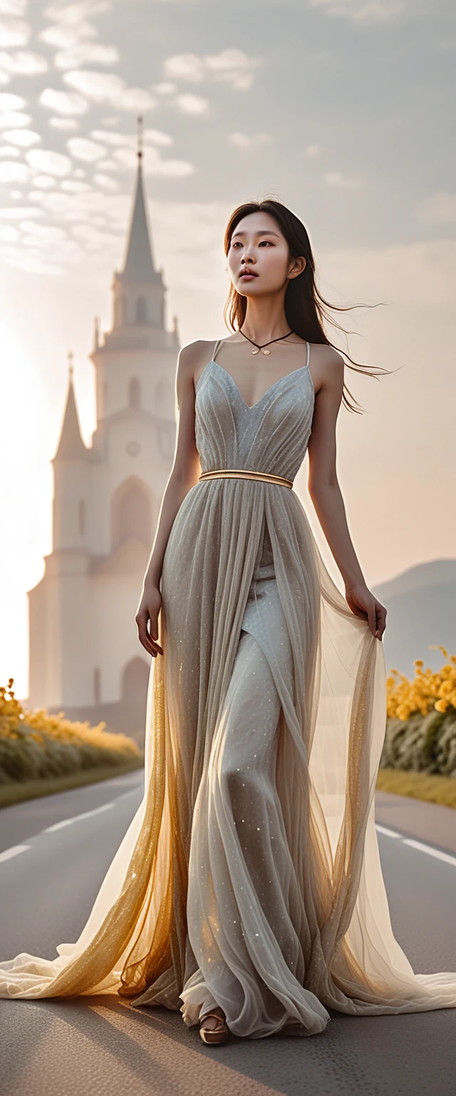Ethereal woman kneeling in molten gold gown and silver haze