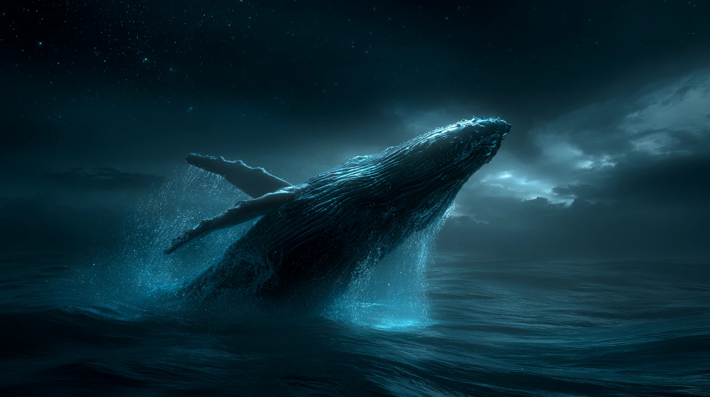 Humpback whale breaching from a dark twilight ocean
