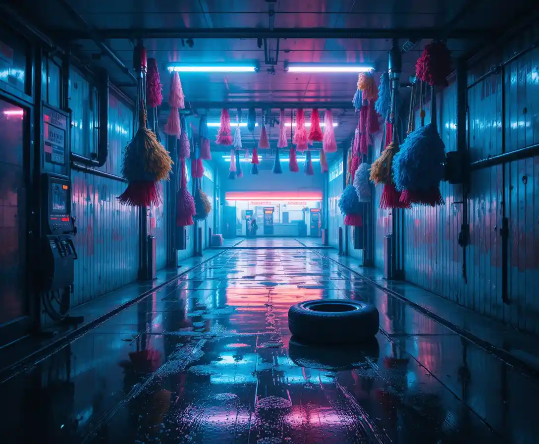 Neon lit empty car wash tunnel with still hanging brushes