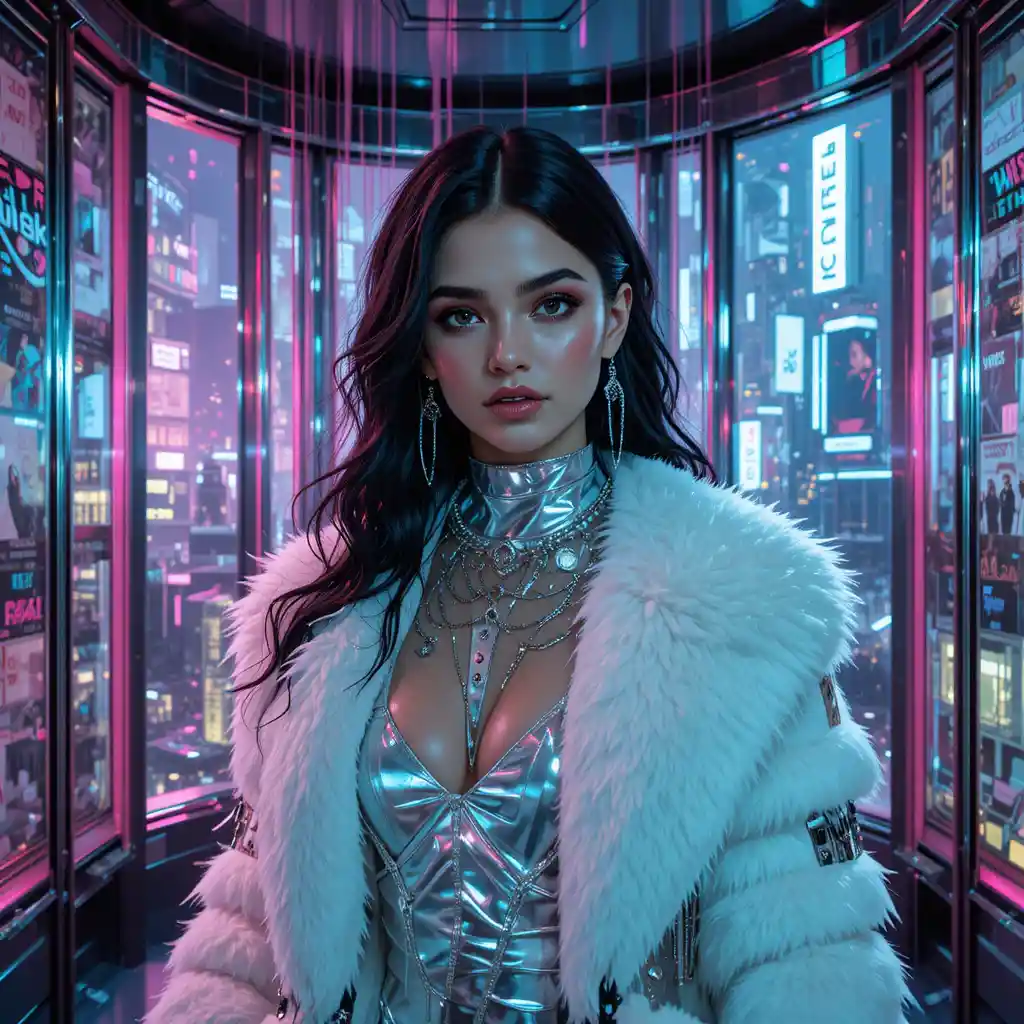 Cyberpunk fashion woman in chrome penthouse portrait
