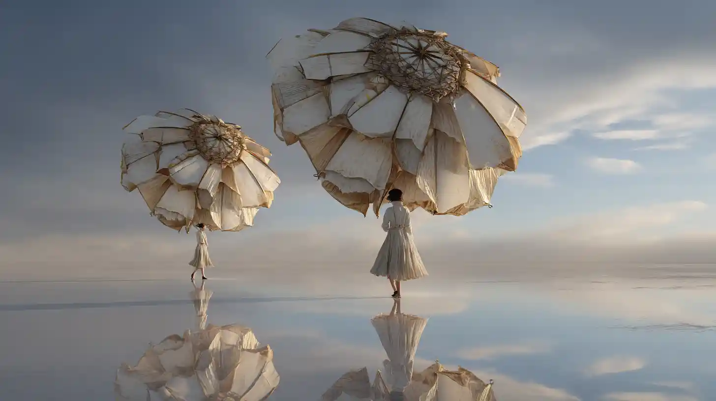 Surreal floating umbrellas tethered to a lone figure