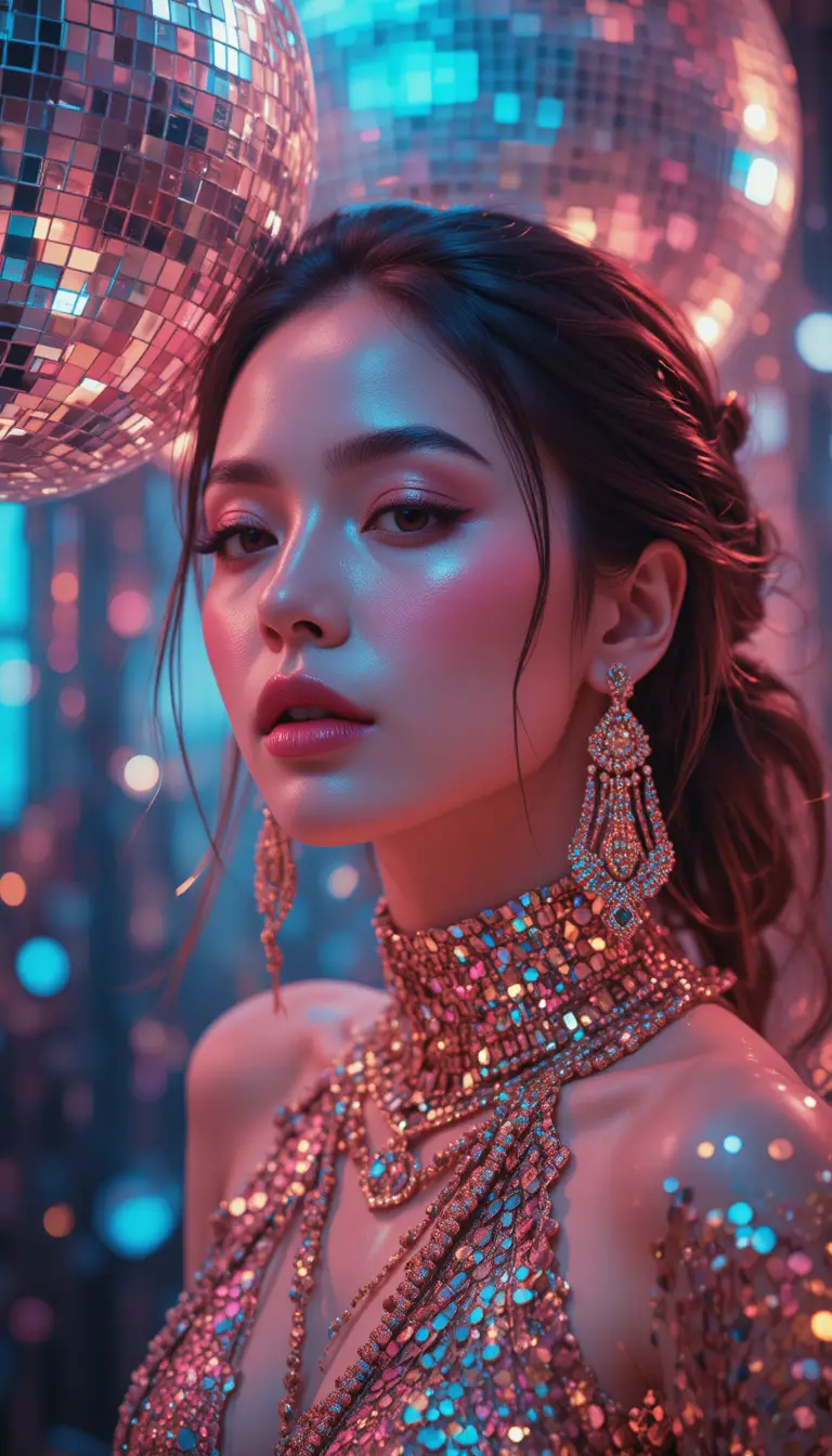 Glamorous woman in sequined outfit under disco ball lights