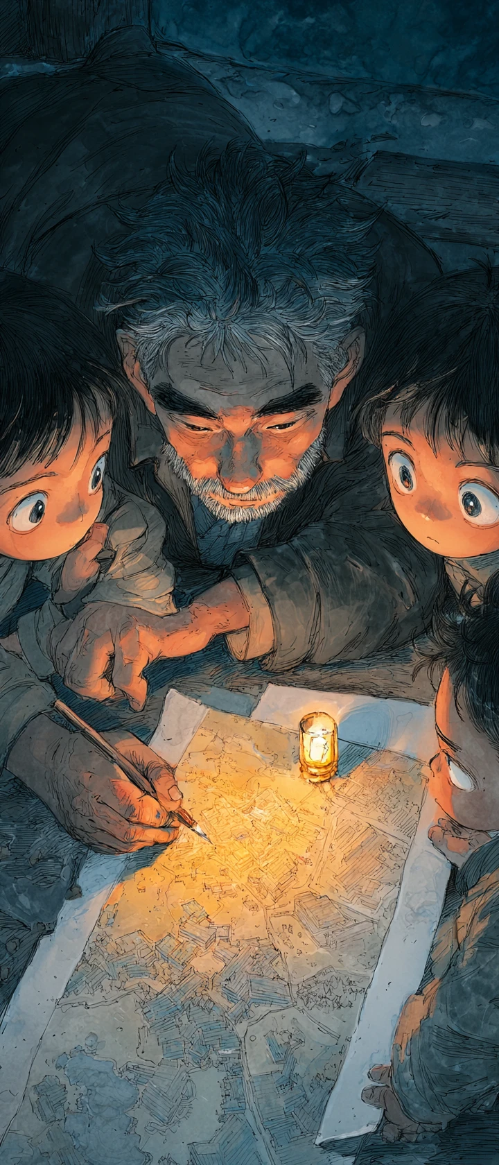Refugee Father Drawing Homeland Map By Candlelight